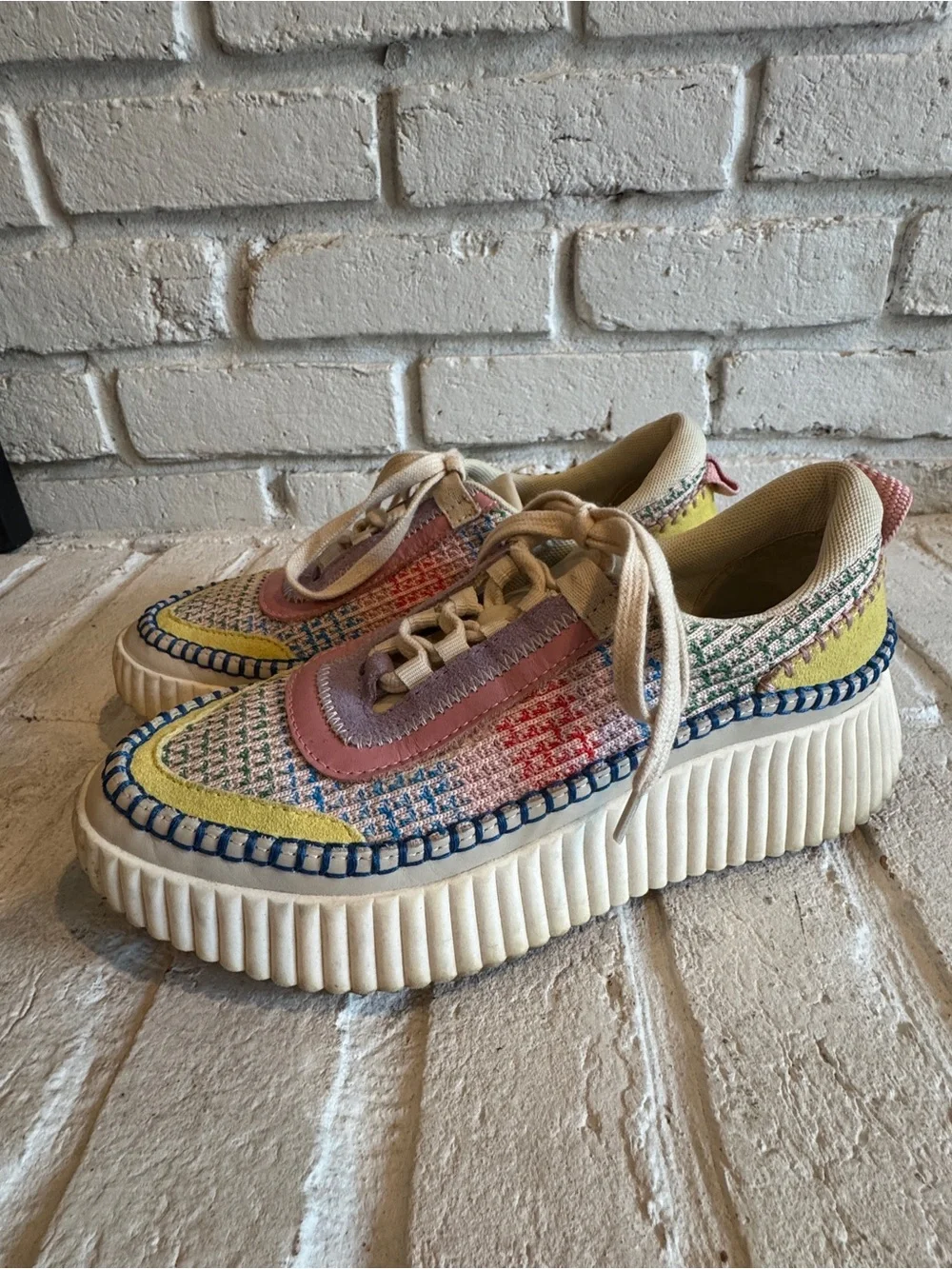 Dolce Vita Multicolor Platform Knit Lace-Up Sneakers - Cream Base
